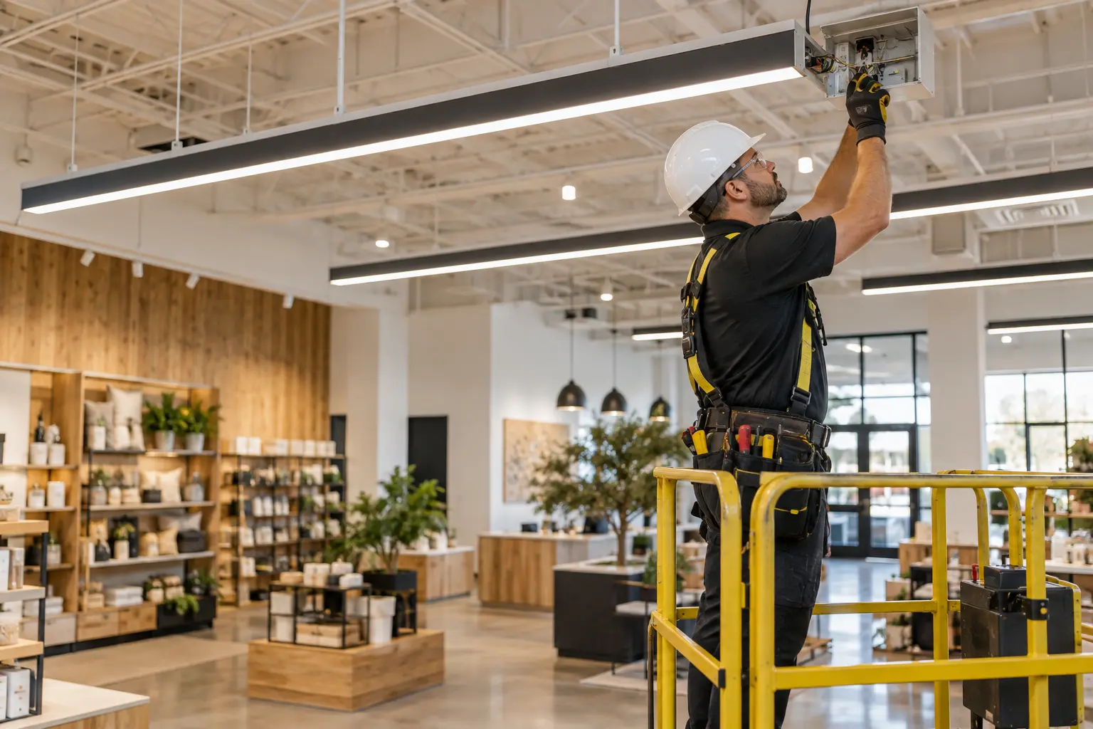 Electrician servicing linear LED lighting in a commercial retail space