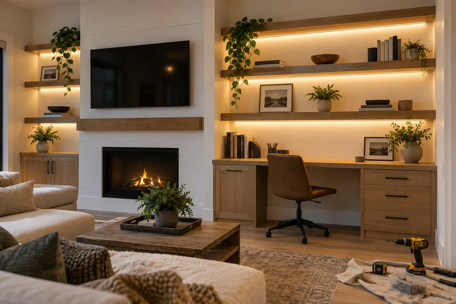 Custom floating shelves and cabinetry with integrated warm lighting