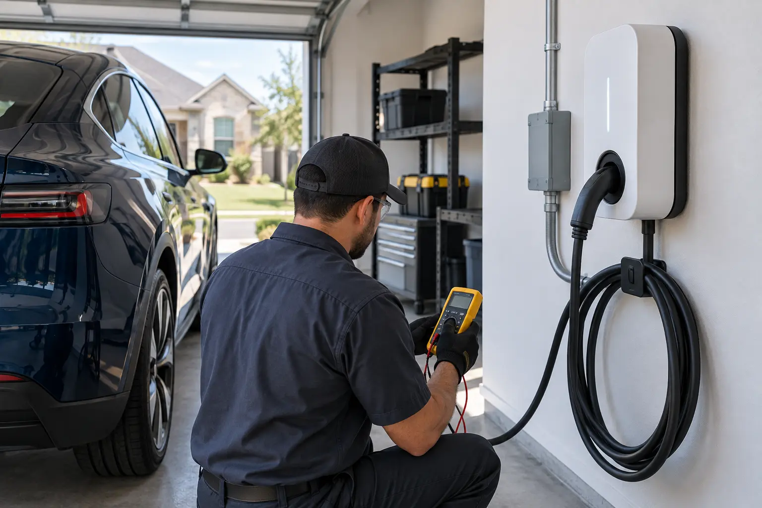 Technician testing a wall-mounted Level 2 EV charger in a residential garage