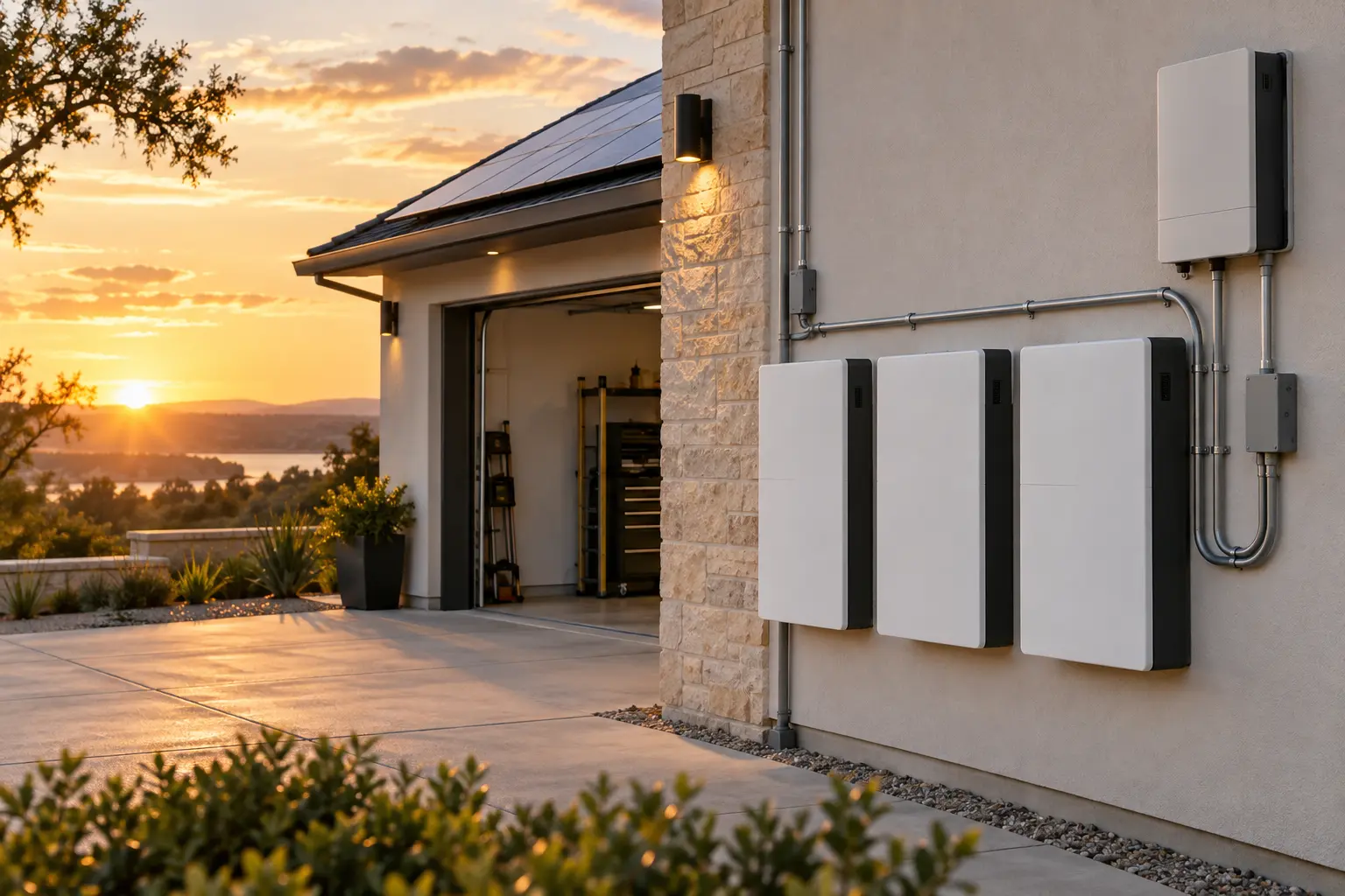 Wall-mounted home battery backup system with rooftop solar at sunset