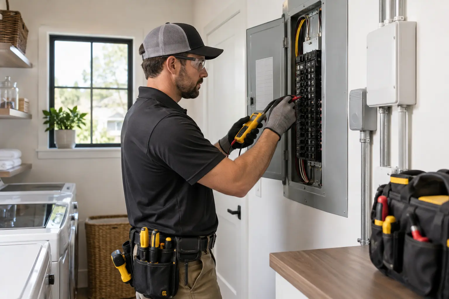 Electrician inspecting a residential electrical panel in a modern home